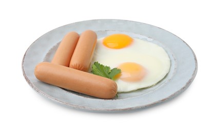 Photo of Delicious boiled sausages, fried eggs and parsley isolated on white