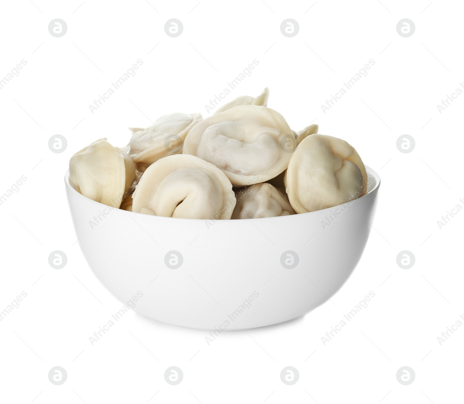 Photo of Bowl with tasty dumplings isolated on white