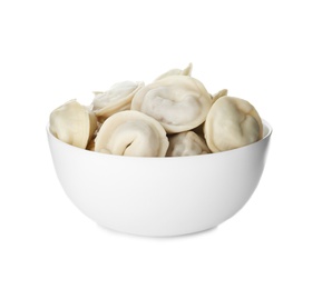 Bowl with tasty dumplings isolated on white