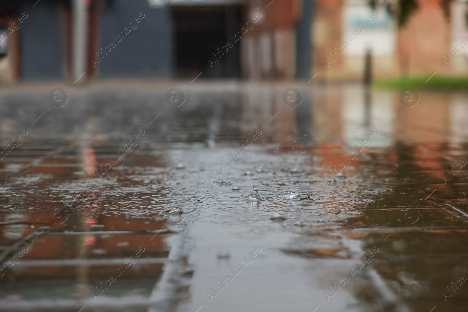 Photo of View of city street with puddles on rainy day, closeup