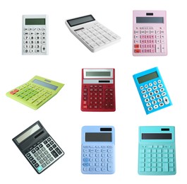 Image of Set of different calculators on white background