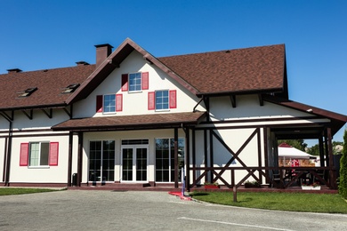 Beautiful view of stylish building on sunny day