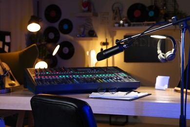 Photo of Microphone near table with professional mixing console in radio studio