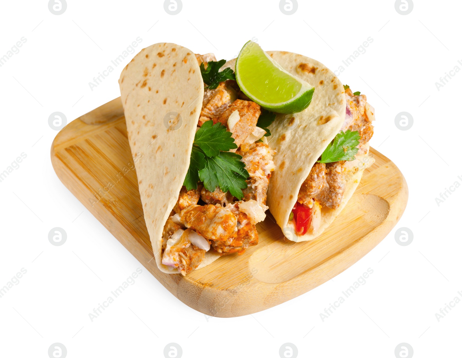 Photo of Delicious tacos with meat and parsley isolated on white