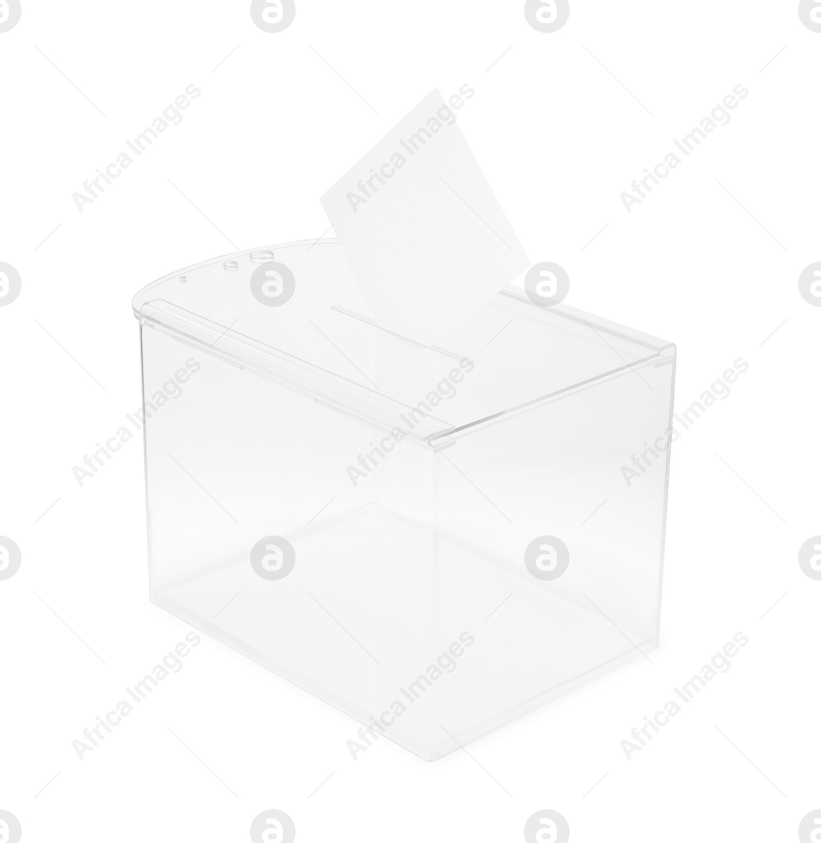 Photo of Transparent ballot box with vote isolated on white