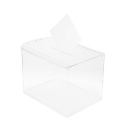 Photo of Transparent ballot box with vote isolated on white