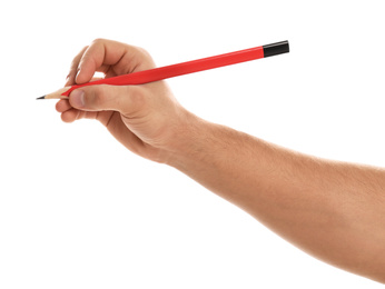 Man holding pencil on white background, closeup of hand