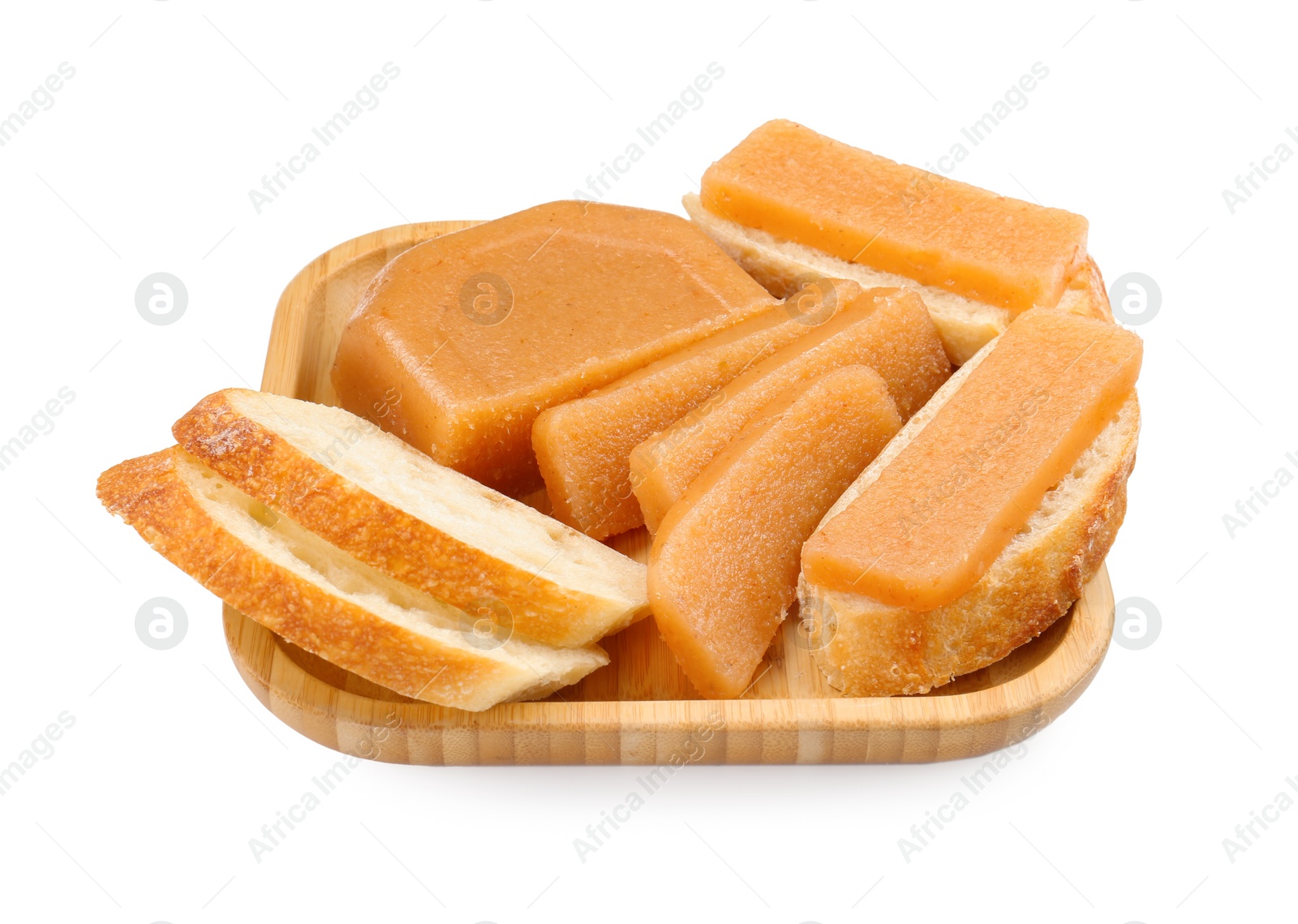 Photo of Delicious sweet quince paste and bread isolated on white