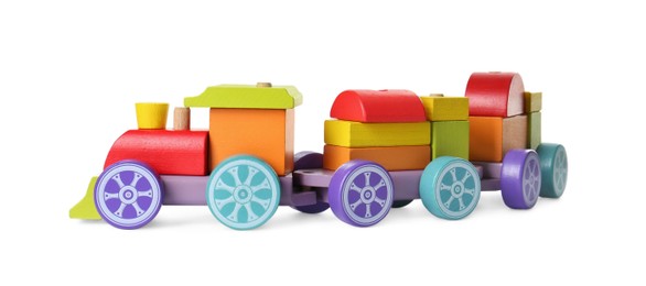 Photo of One colorful wooden train isolated on white. Children's toy