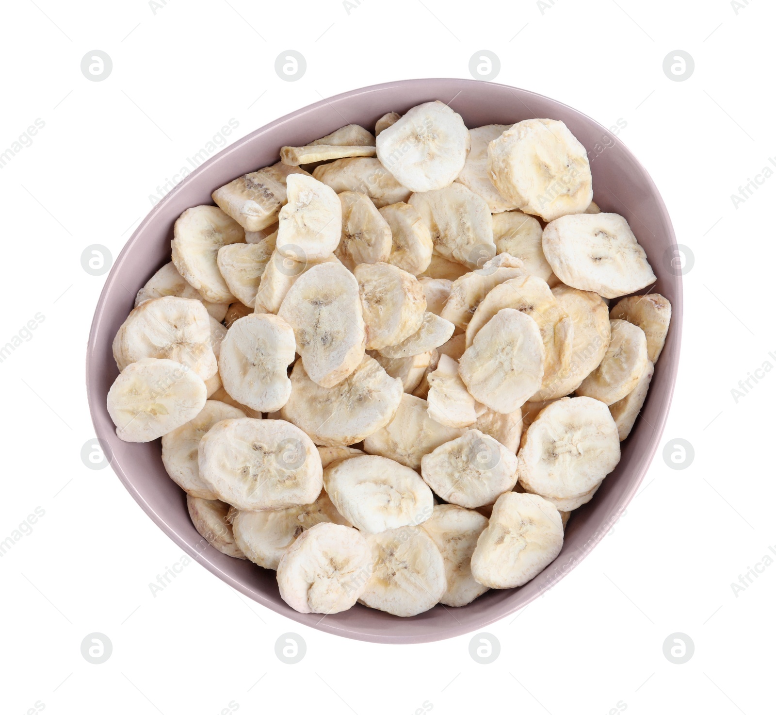 Photo of Freeze dried bananas in bowl on white background, top view