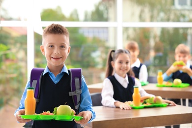 Happy boy holding tray with healthy food in school canteen