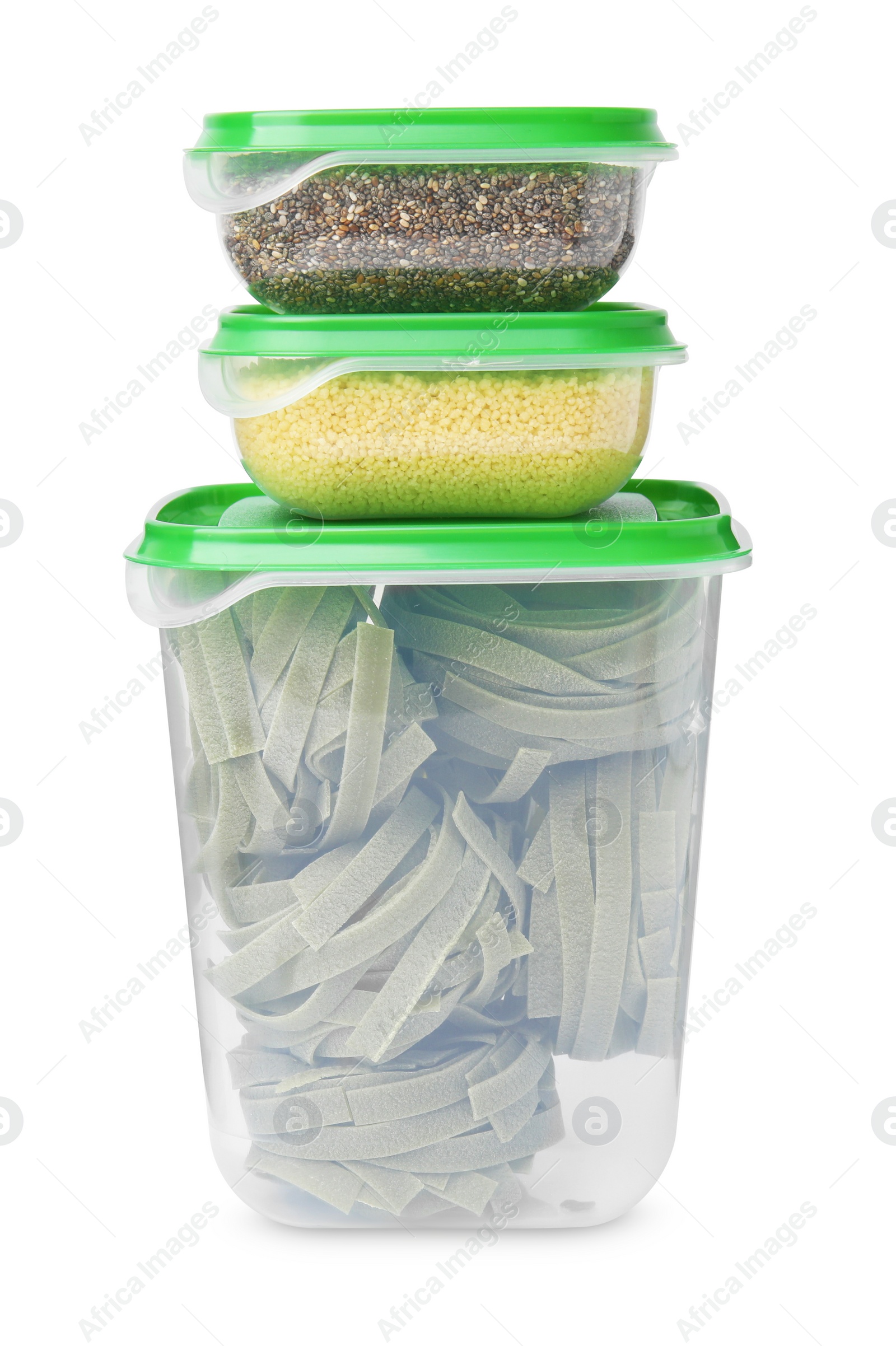 Photo of Plastic containers filled with food products isolated on white