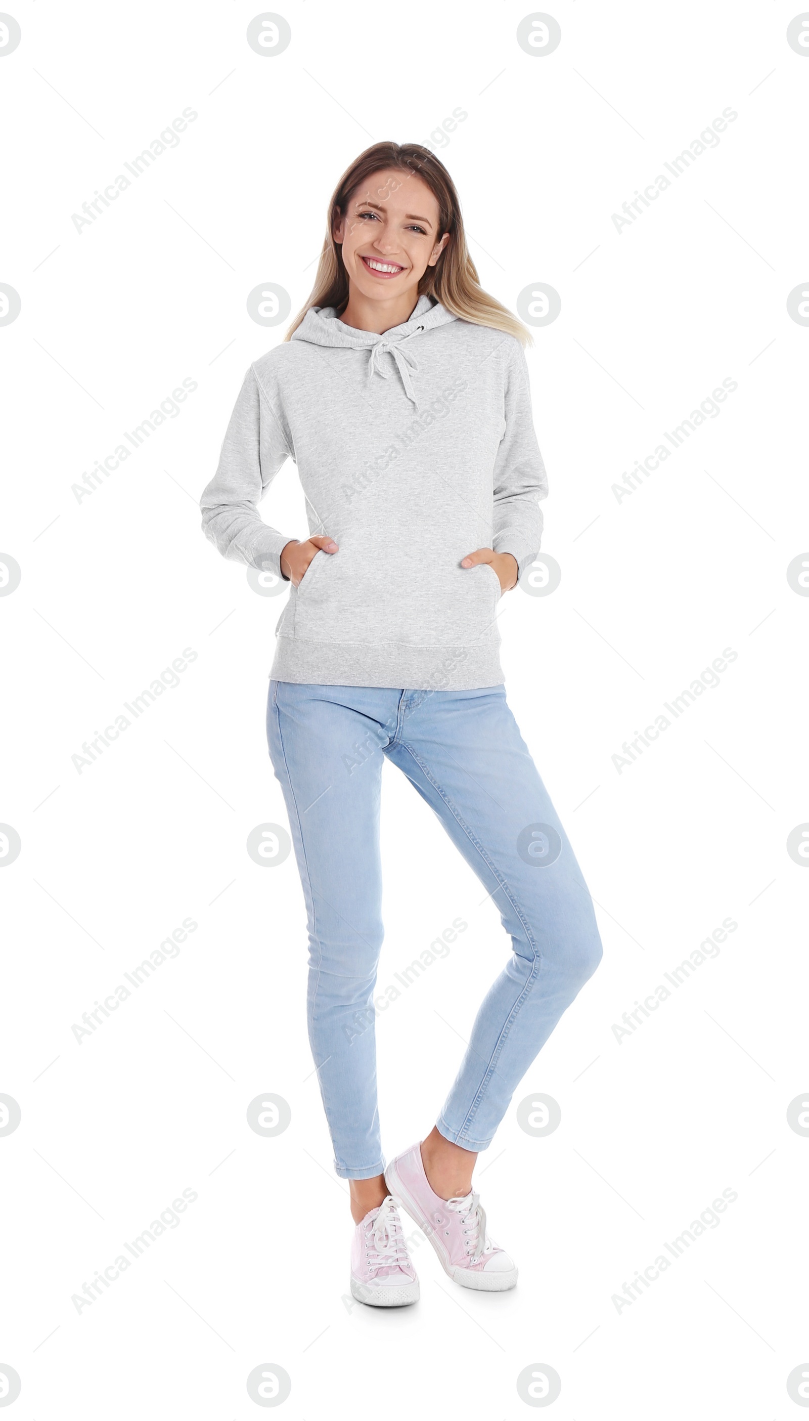 Photo of Full length portrait of woman in hoodie sweater on white background. Space for design