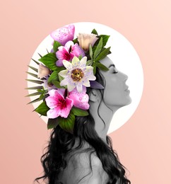 Image of Young beautiful woman with beautiful flowers and green leaves in hair on pale pink background. Stylish collage design