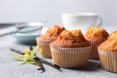 Photo of Delicious sweet muffins, vanilla pods on light grey textured table, closeup. Space for text