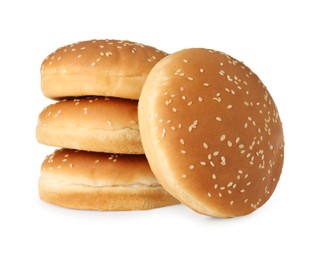Photo of Many fresh hamburger buns isolated on white