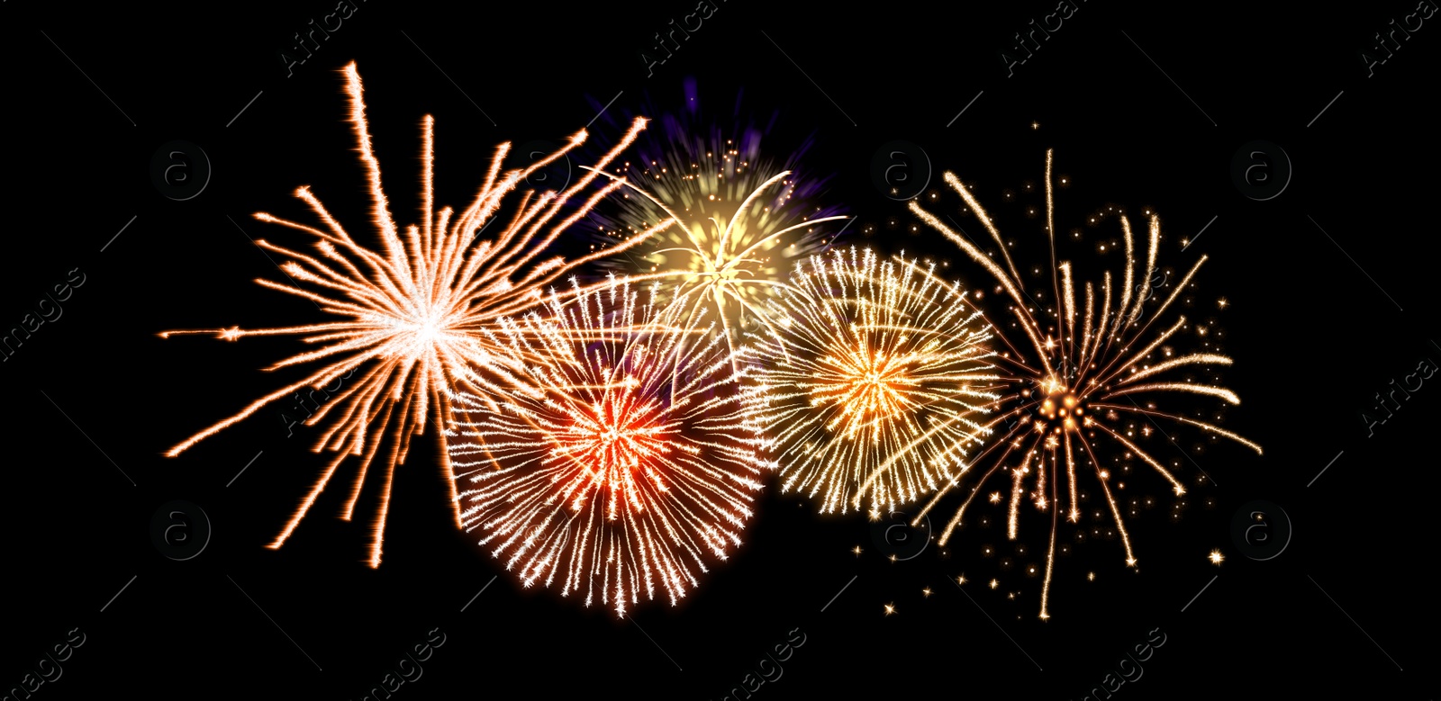 Image of Beautiful bright fireworks on black background. Illustration