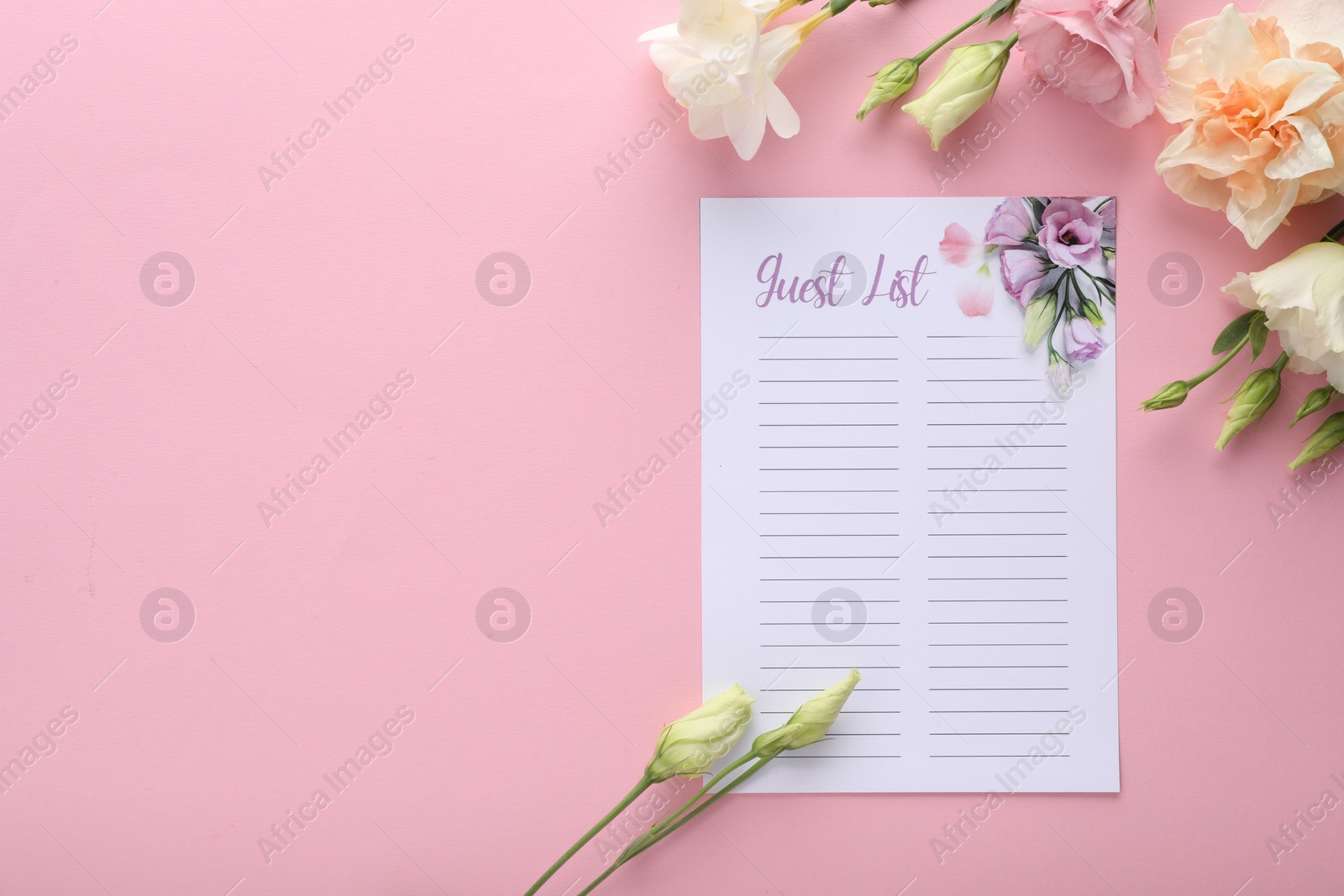 Photo of Guest list and beautiful flowers on pink background, flat lay. Space for text