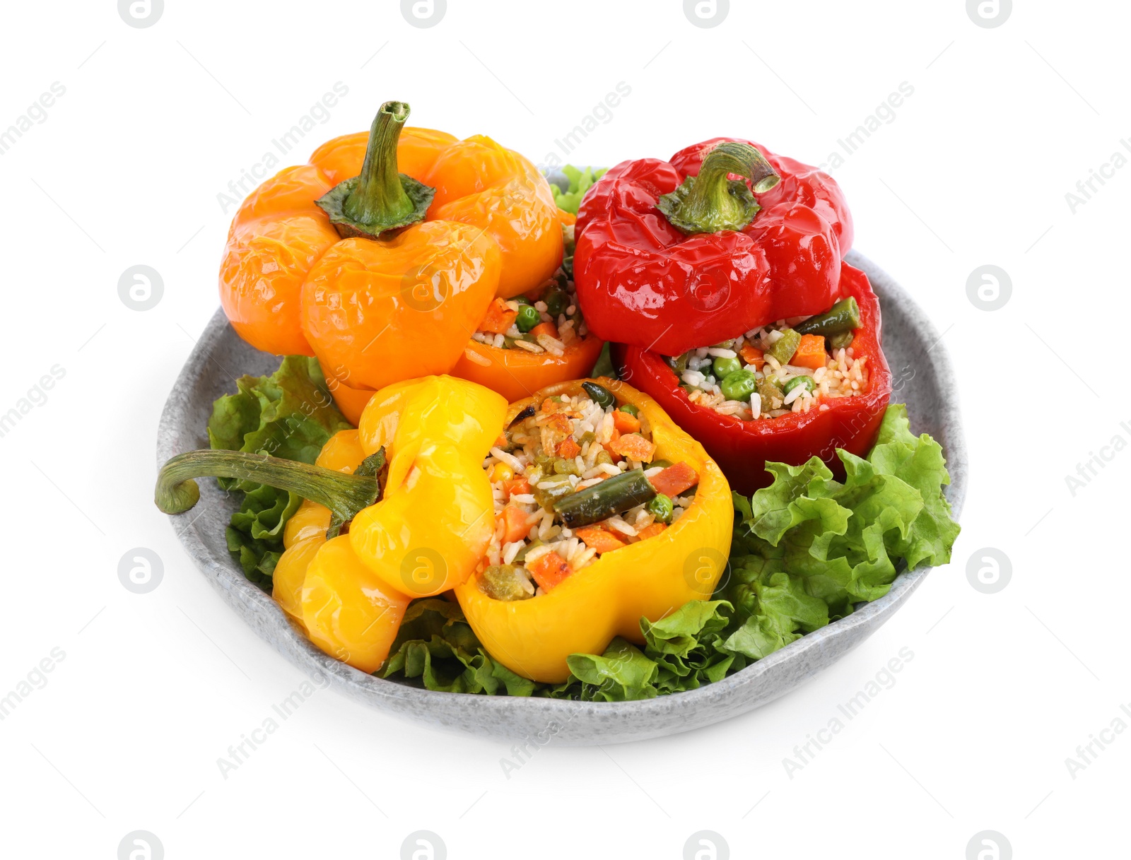 Photo of Tasty stuffed bell peppers isolated on white