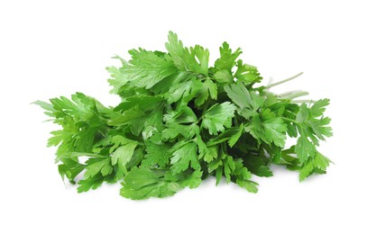 Photo of Heap of chopped parsley leaves isolated on white
