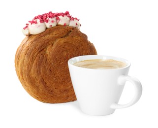 Photo of Round croissant with cream and cup of coffee isolated on white. Tasty puff pastry