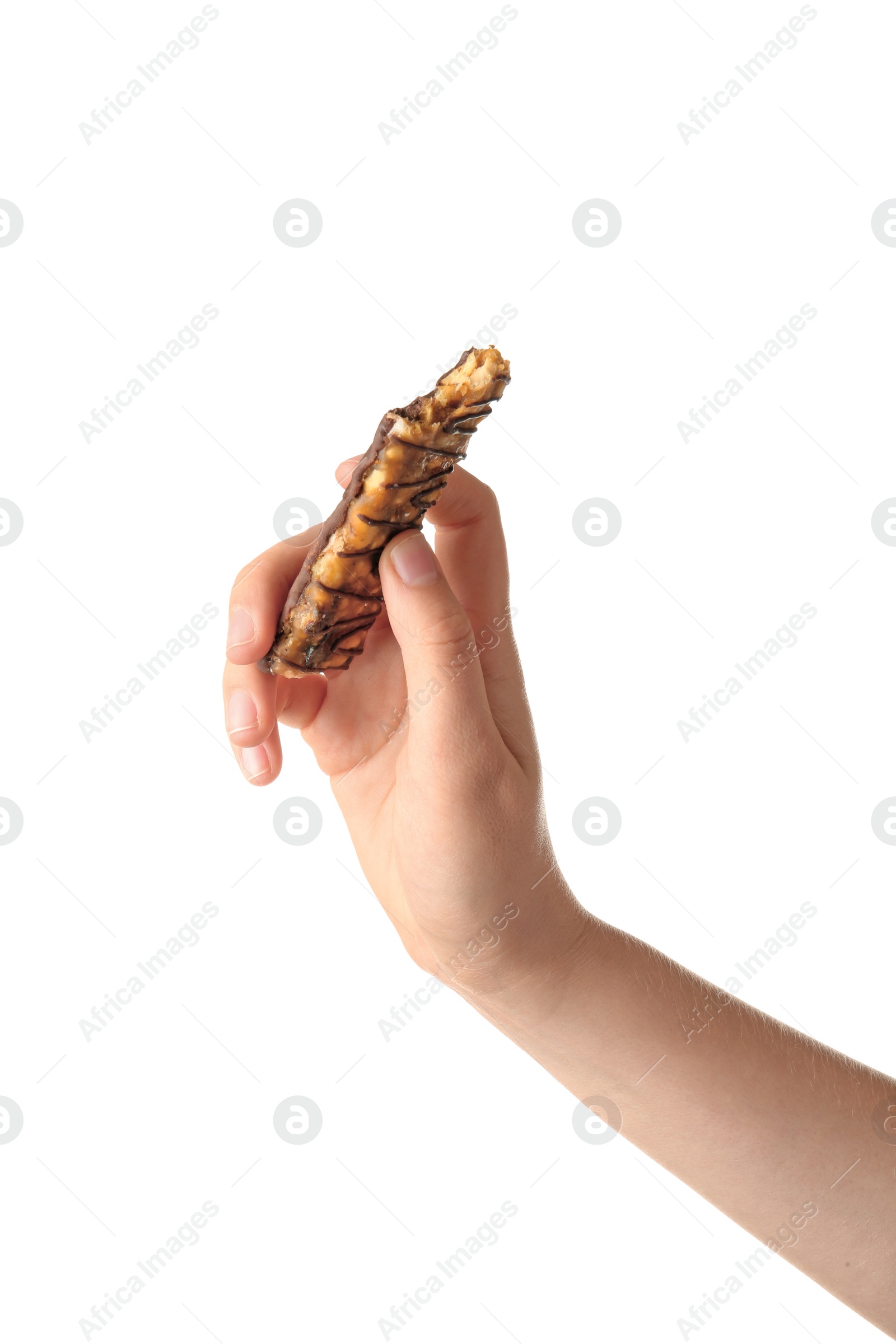 Photo of Woman holding grain cereal bar on white background. Healthy snack