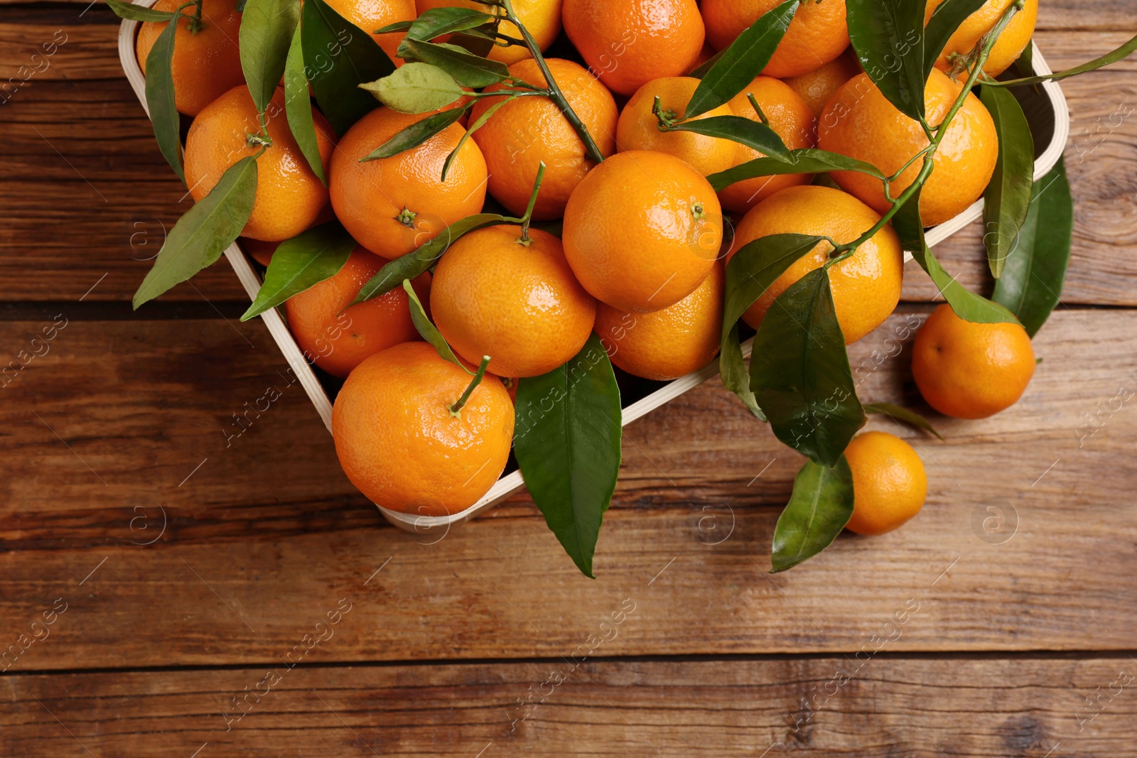 Photo of Fresh tangerines with green leaves in crate on wooden table, top view. Space for text