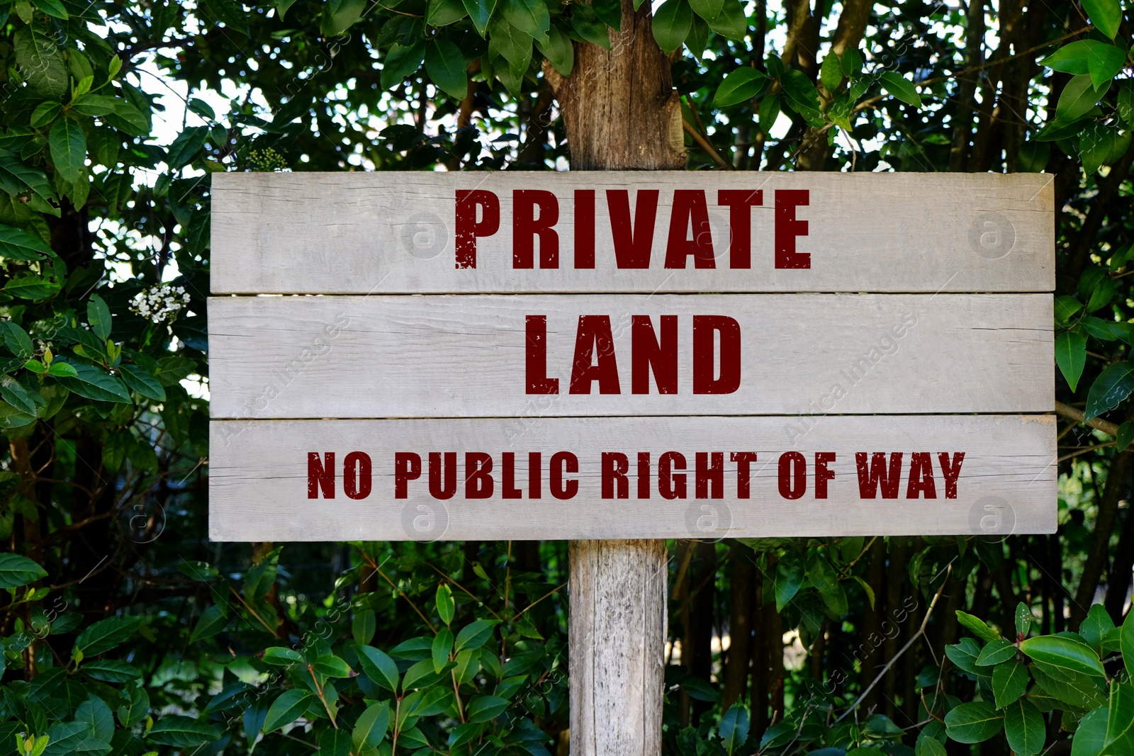 Image of Wooden sign with Private Land No Public Right Of Way near green bush