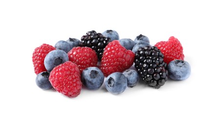 Many different ripe berries isolated on white