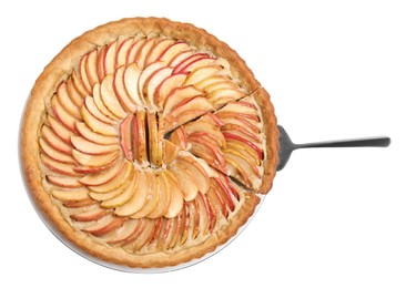 Delicious apple pie and spatula on white background, top view