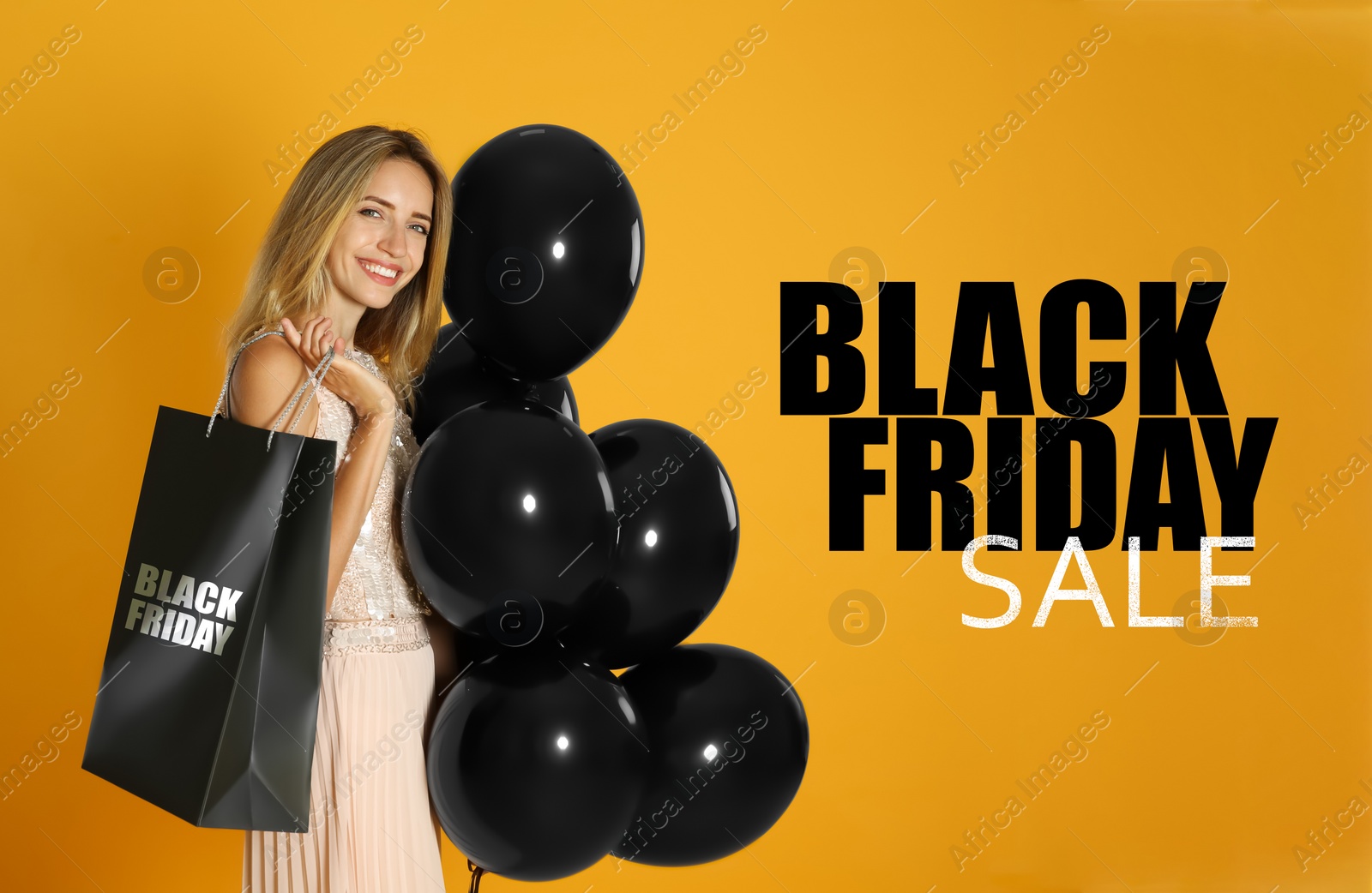 Image of Happy young woman with balloons and shopping bag on yellow background. Black Friday Sale