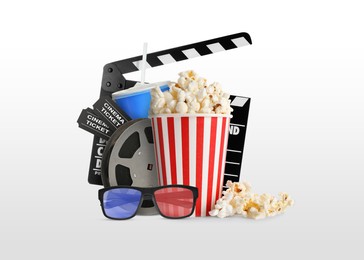 Image of Movie clapper, drink, pop corn, 3D glasses and film reel on white background. Collage design