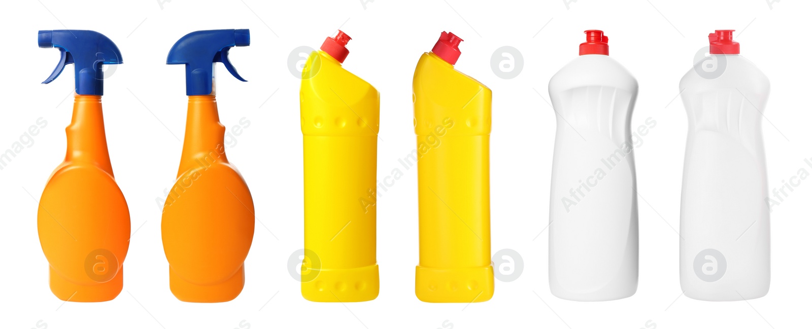 Image of Set with bottles of different cleaning products on white background, banner design. Household chemicals