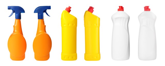 Set with bottles of different cleaning products on white background, banner design. Household chemicals