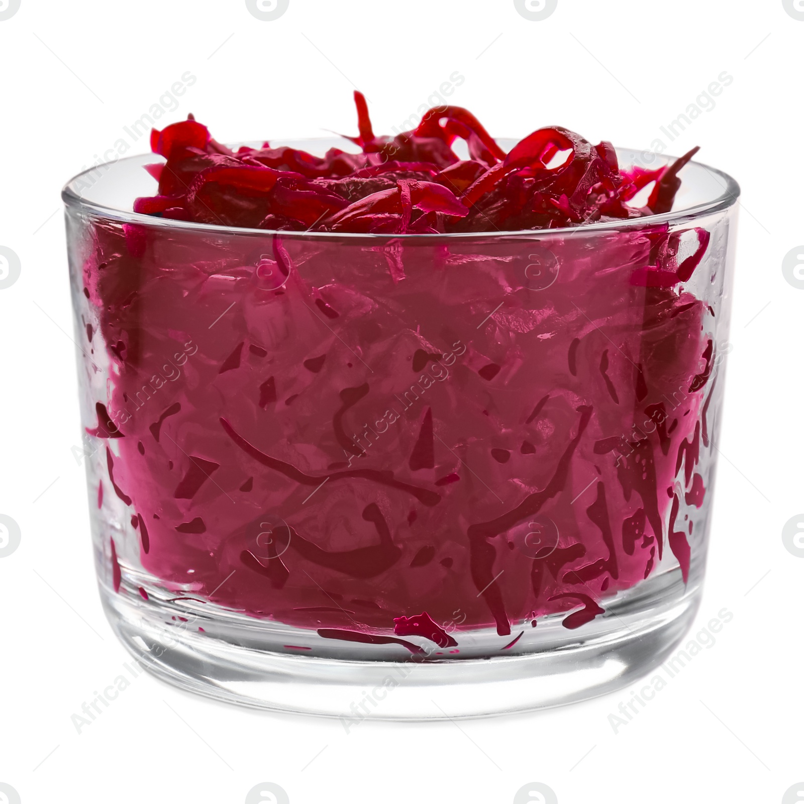 Photo of Bowl with tasty red cabbage sauerkraut isolated on white