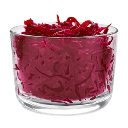 Bowl with tasty red cabbage sauerkraut isolated on white