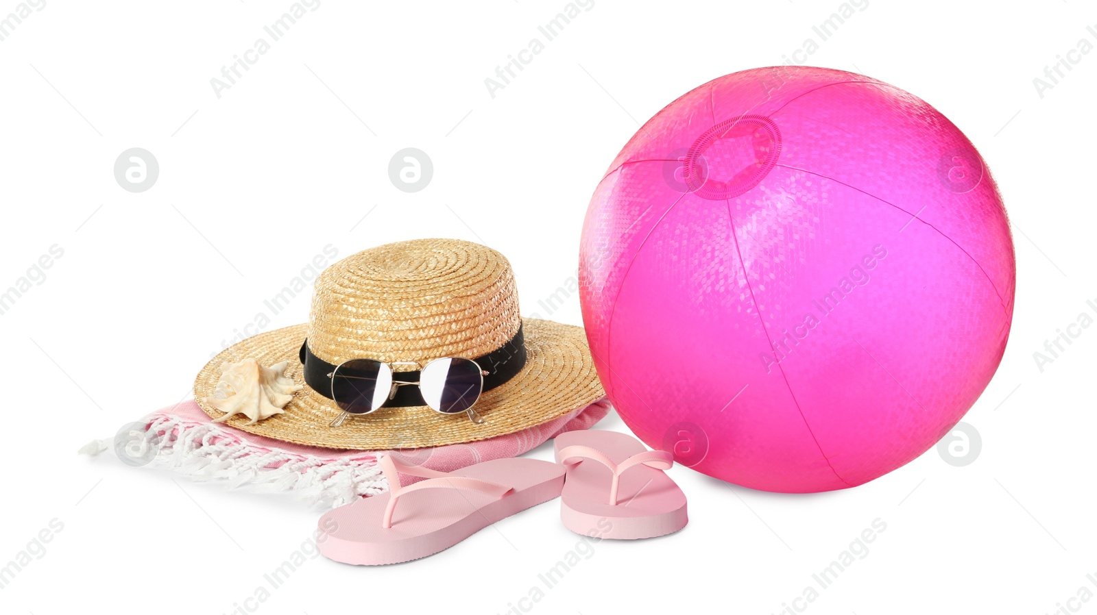 Photo of Inflatable ball and beach accessories on white background