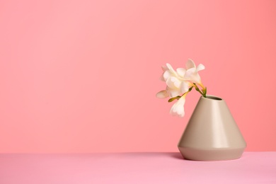 Photo of Stylish vase with beautiful flower on table against color background, space for text