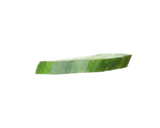 Photo of Slice of ripe cucumber on white background