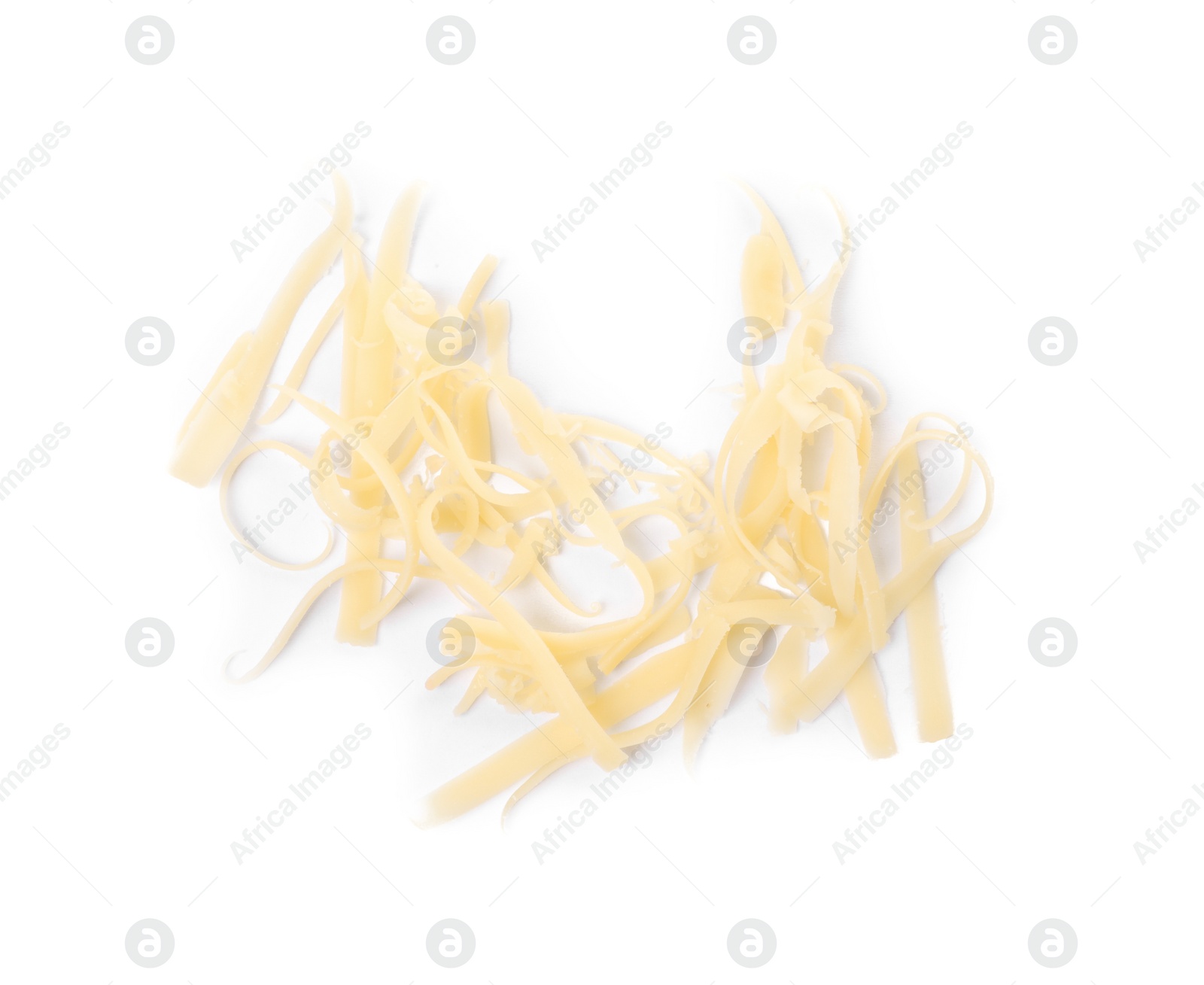 Photo of Tasty grated cheese isolated on white, top view