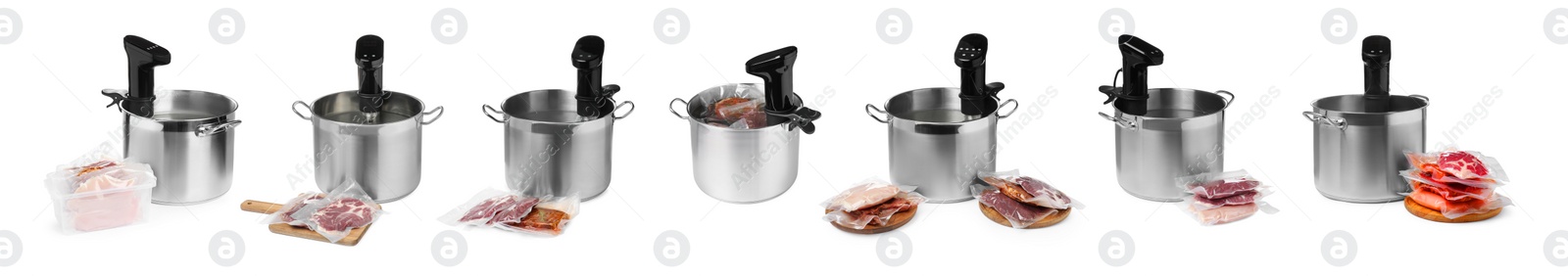 Image of Collage with sous vide cookers in pots and vacuum packed meat isolated on white. Thermal immersion circulator