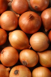 Photo of Many ripe onions as background, top view