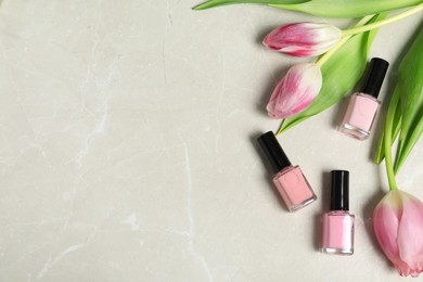 Flat lay composition with pink nail polishes in bottles and tulips on light textured table. Space for text