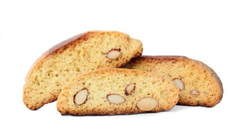 Photo of Slices of tasty cantucci on white background. Traditional Italian almond biscuits