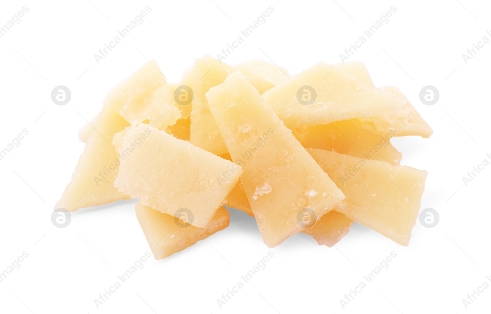 Photo of Pile of parmesan cheese pieces on white background