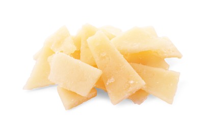 Photo of Pile of parmesan cheese pieces on white background