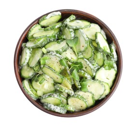 Photo of Bowl of delicious cucumber salad isolated on white, top view