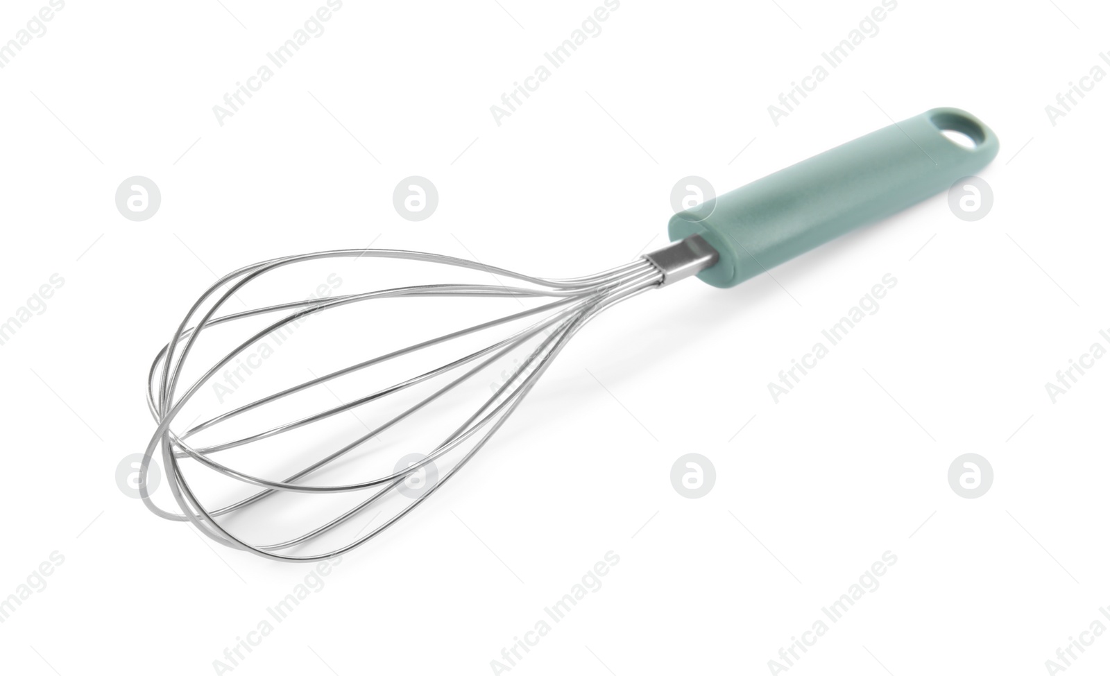 Photo of Metal whisk isolated on white. Kitchen utensil