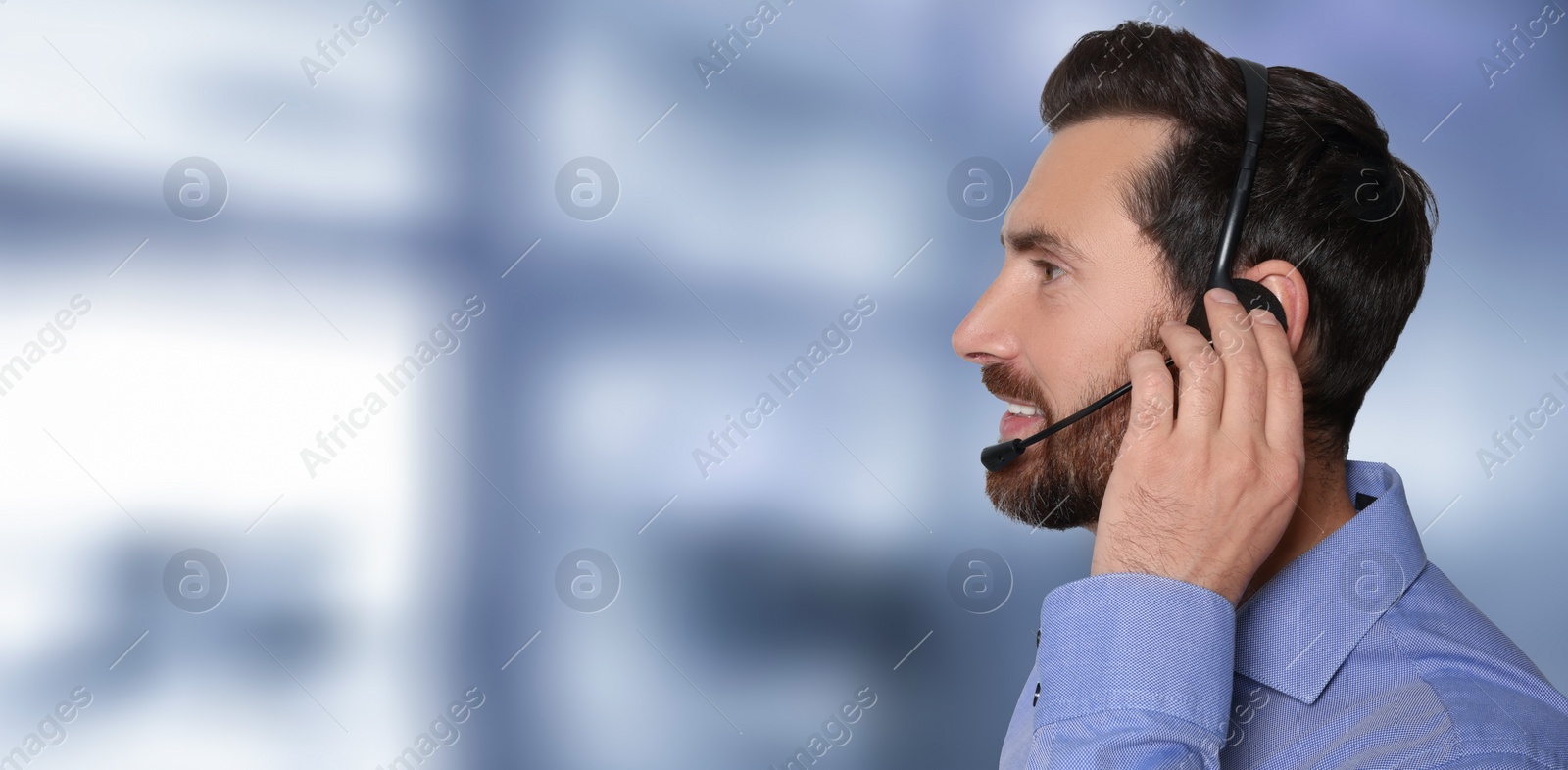 Image of Hotline operator with headset in office, space for text. Banner design