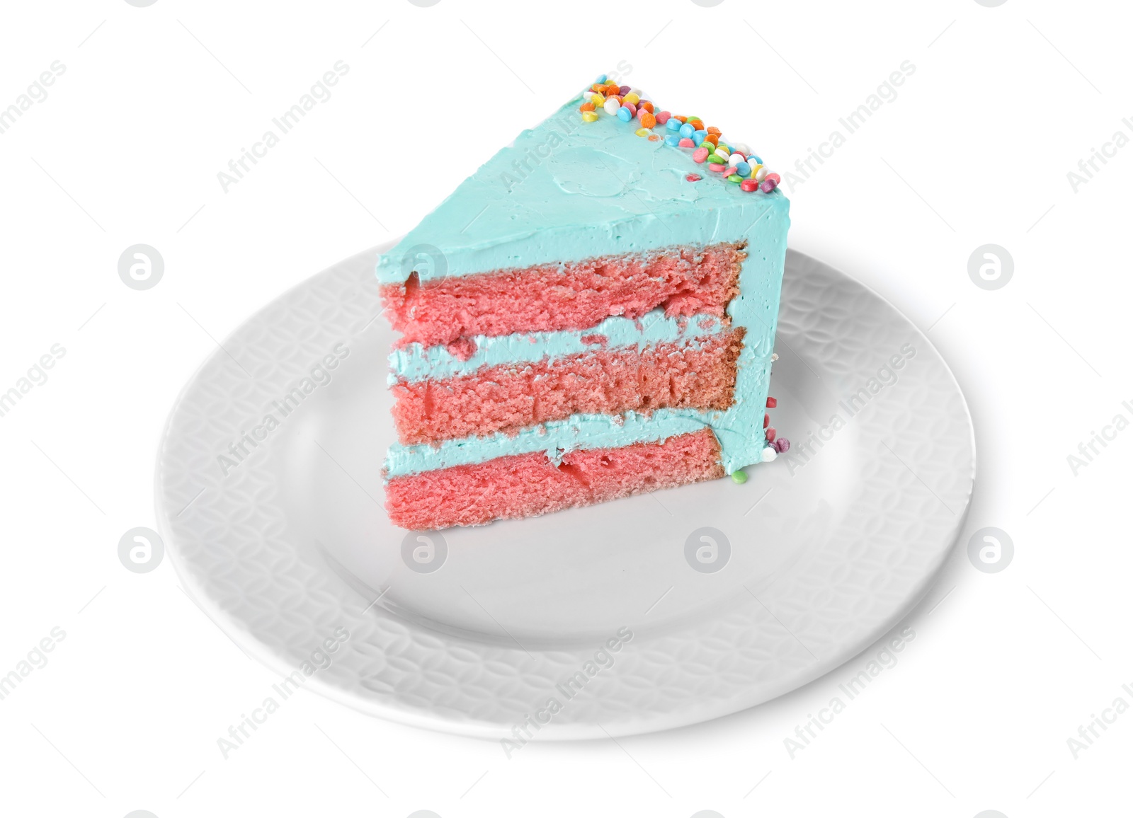 Photo of Slice of fresh delicious birthday cake on white background